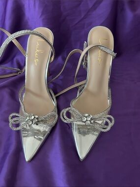 Lulu's Silver Crystal Bow Pointed-Toe Heels